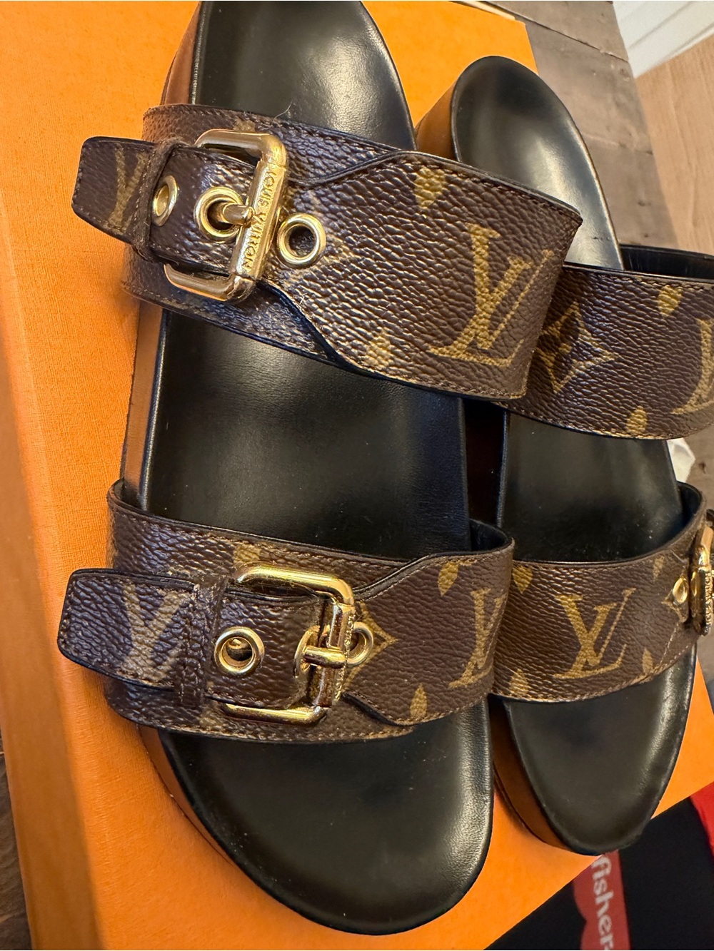 Louis Vuitton Brown Monogram Double-Buckle Slide Sandals - Picture 3 of 6